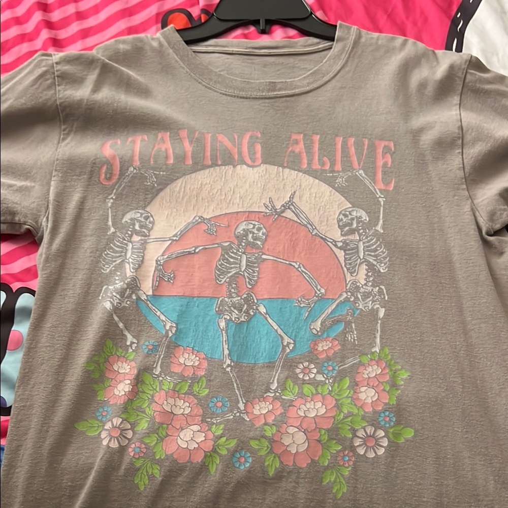 Gray Graphic Tee with Skeletons and Flowers